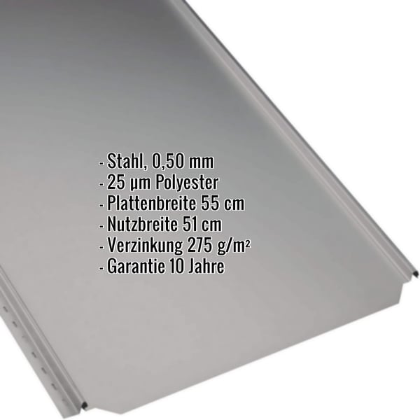 Stehfalzblech PD-510-S Flach Graualuminium, 0,50 mm Stahl, mit eingeblendeten Eckdaten