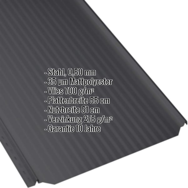 Stehfalzblech PD-510-S Tiefschwarz, Mikroprofil, mit eingeblendeten Eckdaten zu Material, Staerke und Beschichtung