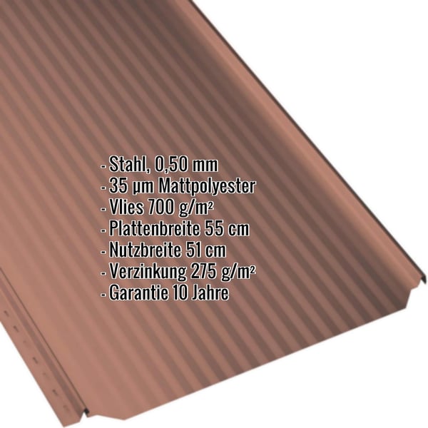 Stehfalzblech PD-510-S Mikro Ziegelrot, 0,50 mm Stahl, 35 µm Mattpolyester, Eckdaten eingeblendet