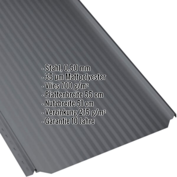 Stehfalzblech PD-510-S Mikro Anthrazitgrau, 0,50 mm Stahl mit Mattpolyester Beschichtung, Eckdaten eingeblendet