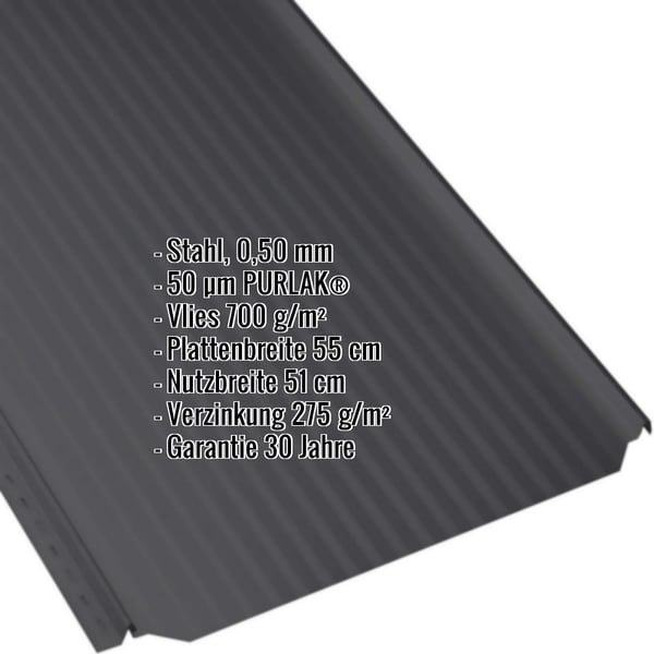 Stehfalzblech PD-510-S Tiefschwarz, Mikroprofilierung, mit eingeblendeten Eckdaten zu Material, Beschichtung und Garantie