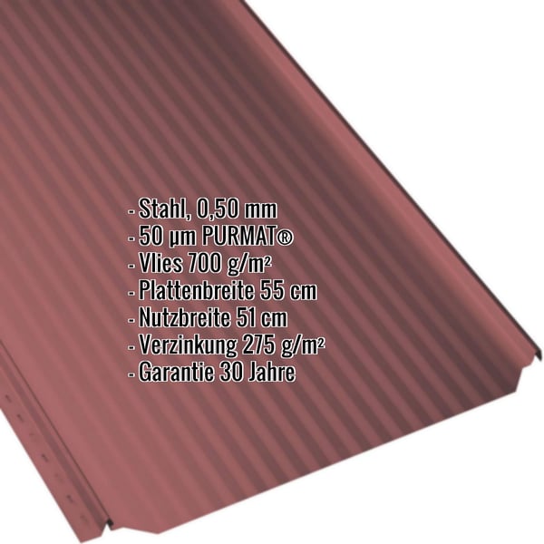 Stehfalzblech PD-510-S Mikro kirschrot, Stahl 0,50 mm, PURMAT 50 µm, Vlies 700 g/m², Eckdaten eingeblendet