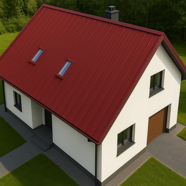 Stehfalzblech PD-510-S Mikro kirschrot auf einem Einfamilienhaus mit Garage, Draufsicht