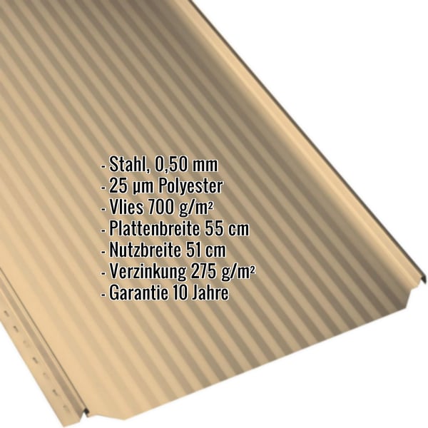 Stehfalzblech PD-510-S Mikro Sandgelb mit eingeblendeten Eckdaten zu Material, Staerke und Beschichtung
