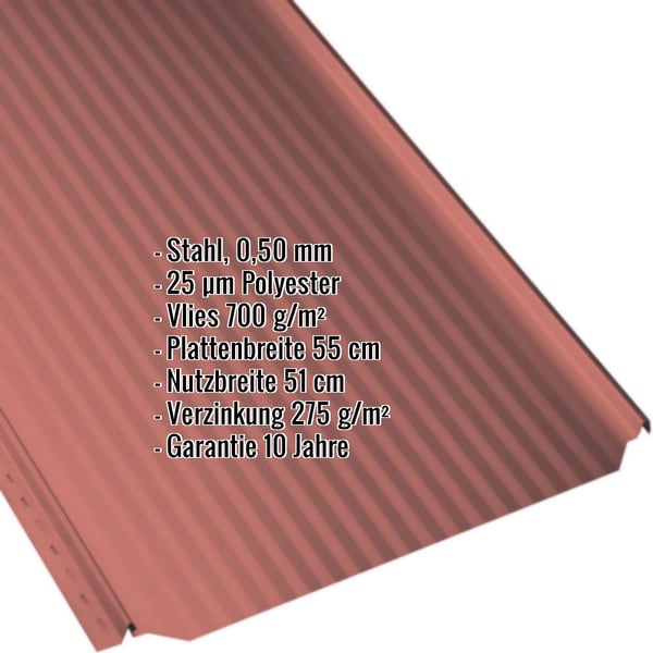 Stehfalzblech PD-510-S Mikro Korallenrot RAL 3016 mit eingeblendeten Eckdaten zu Material, Staerke und Beschichtung