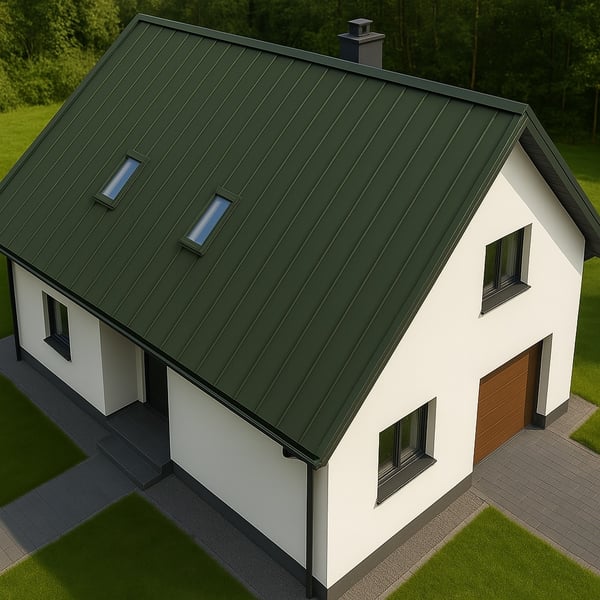 Stehfalzblech PD-510-S Mikro Chromoxidgrün, verlegt auf einem Einfamilienhaus mit zwei Dachfenstern