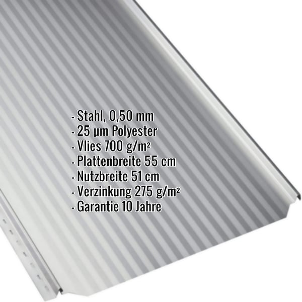 Stehfalzblech PD-510-S Mikro Lichtgrau, Stahl 0,50 mm, mit eingeblendeten Eckdaten
