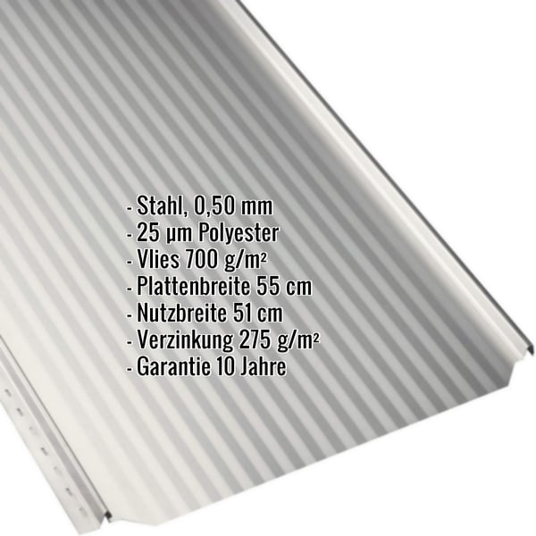 Stehfalzblech PD-510-S Mikro Grauweiß, Detailansicht mit eingeblendeten Eckdaten zu Material, Stärke und Beschichtung