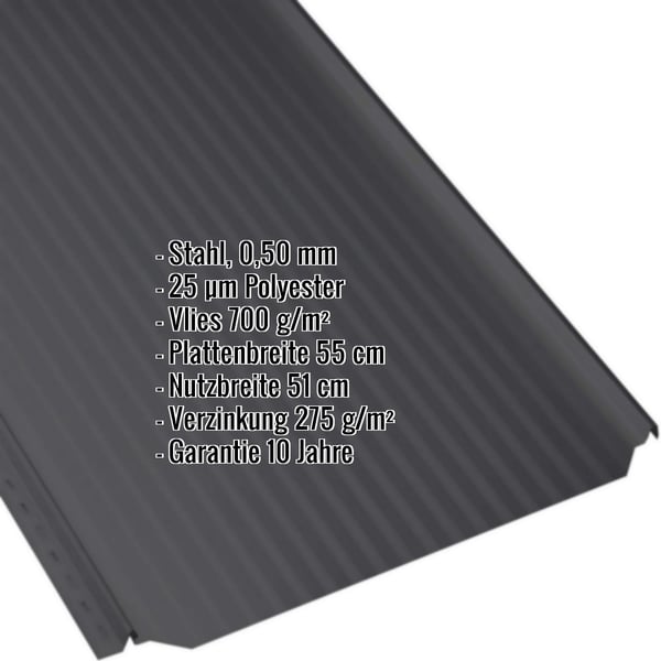 Stehfalzblech PD-510-S Tiefschwarz mit Mikroprofil, 0,50 mm Stahl, Eckdaten eingeblendet