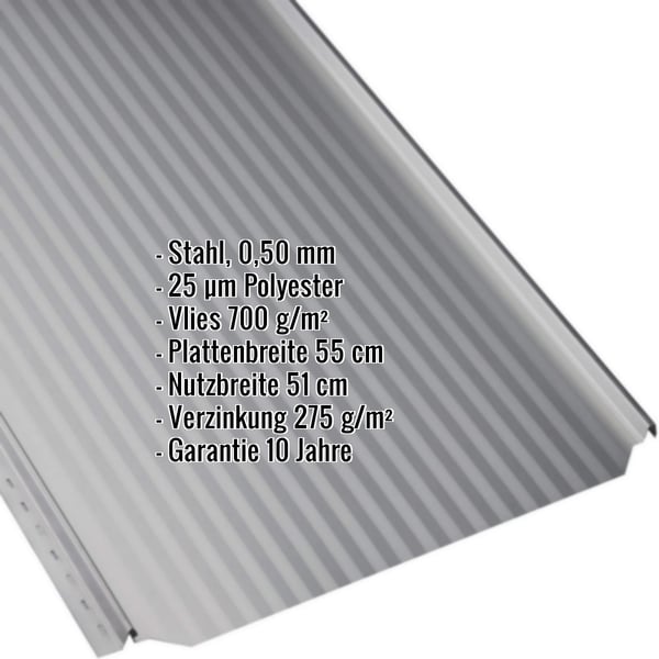 Stehfalzblech PD-510-S Mikro Weißaluminium mit eingeblendeten Produktdaten wie Material, Stärke und Beschichtung