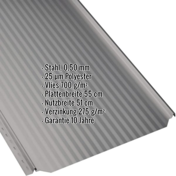 Stehfalzblech PD-510-S Graualuminium Mikro mit eingeblendeten Produktdaten