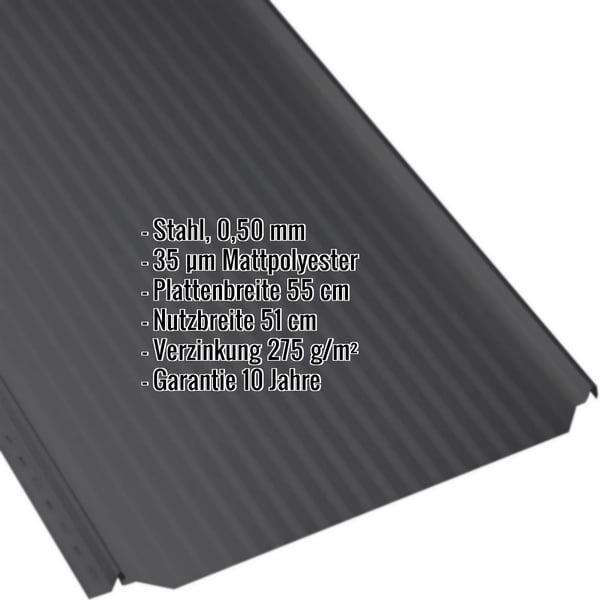 Stehfalzblech PD-510-S Mikro Tiefschwarz, Stahl 0,50 mm, mit eingeblendeten Eckdaten