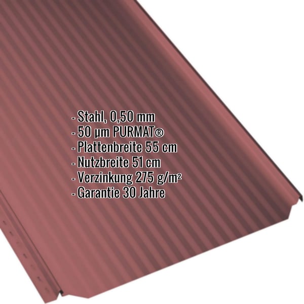 Stehfalzblech PD-510-S Mikro Kirschrot, Stahl 0,50 mm, PURMAT 50 µm, Eckdaten eingeblendet