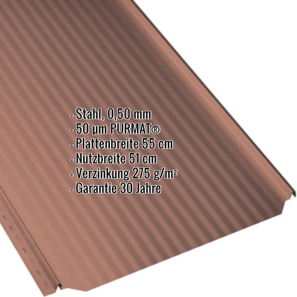 Stehfalzblech PD-510-S Mikro Ziegelrot, 0,50 mm Stahl, 50 µm PURMAT®, Eckdaten eingeblendet