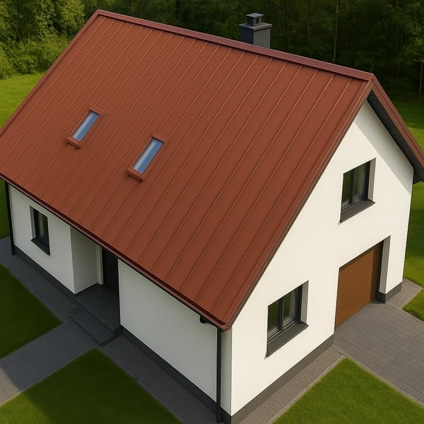 Stehfalzblech PD-510-S Mikro Ziegelrot auf einem Einfamilienhaus mit Garage