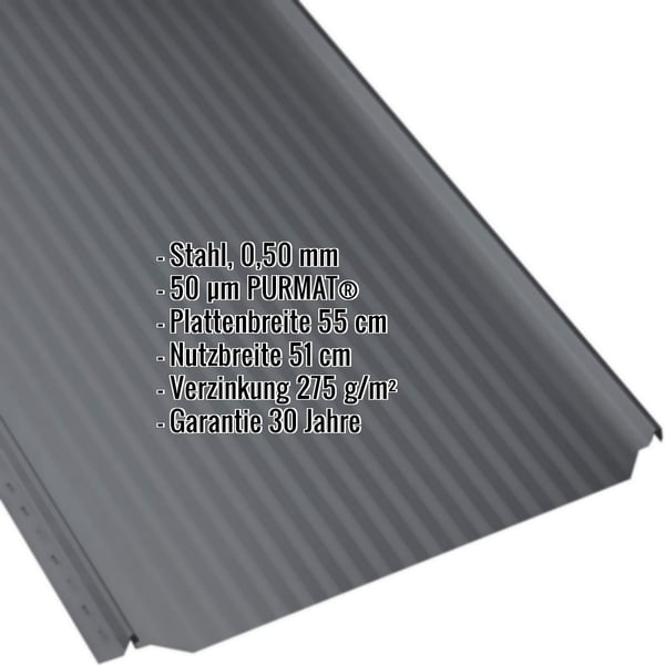 Stehfalzblech PD-510-S Mikro Anthrazitgrau, 0,50 mm Stahl, 50 µm PURMAT®, mit eingeblendeten Eckdaten