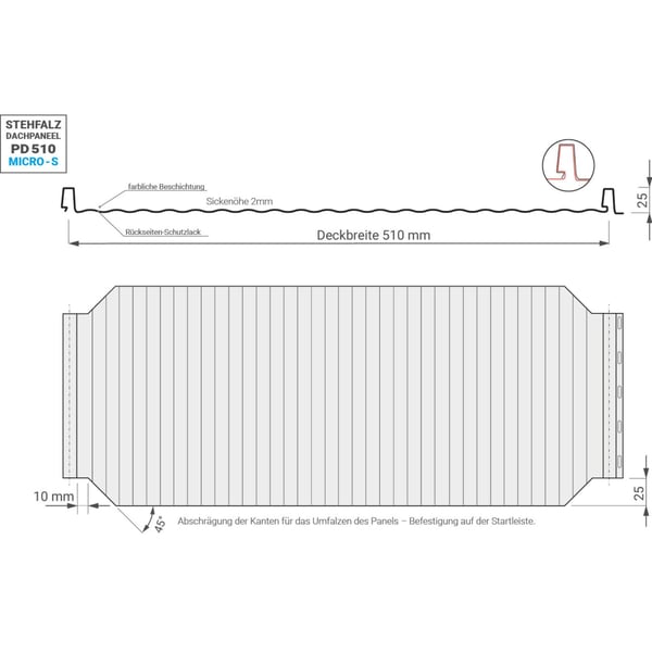Technische Zeichnung Stehfalzblech PD-510-S Mikro mit Deckbreite 510 mm und Sickenhoehe 2 mm