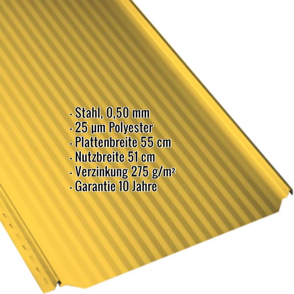 Stehfalzblech PD-510-S Mikro Rapsgelb RAL 1021 mit eingeblendeten Eckdaten