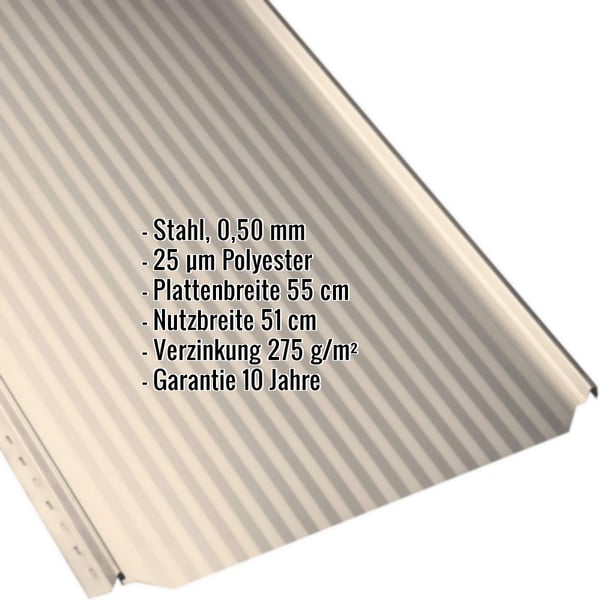 Stehfalzblech PD-510-S Mikro Hellelfenbein RAL 1015, 0,50 mm Stahl, mit eingeblendeten Eckdaten