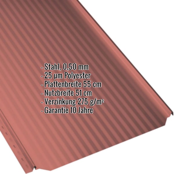 Stehfalzblech PD-510-S Mikro Korallenrot, Stahl 0,50 mm, Polyester 25 µm, mit eingeblendeten Eckdaten