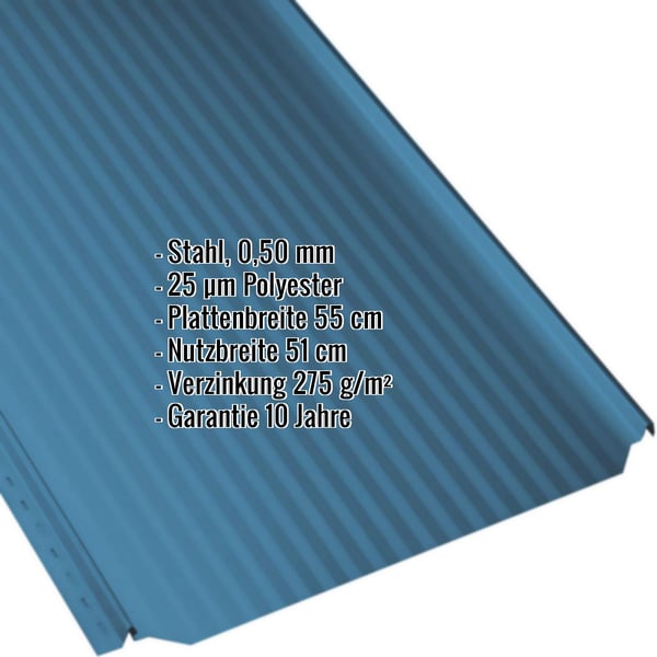 Stehfalzblech PD-510-S Mikro Enzianblau RAL 5010, Stahl 0,50 mm, mit eingeblendeten Eckdaten