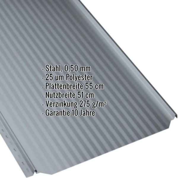 Stehfalzblech PD-510-S Mikro Fehgrau, 0,50 mm Stahl, Polyesterbeschichtung, Eckdaten eingeblendet
