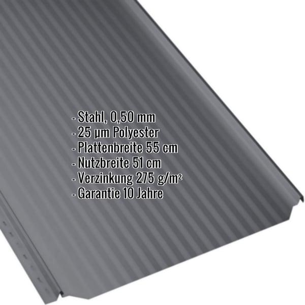 Stehfalzblech PD-510-S Mikro Graphitgrau, Detailansicht mit eingeblendeten Eckdaten zu Material und Abmessungen