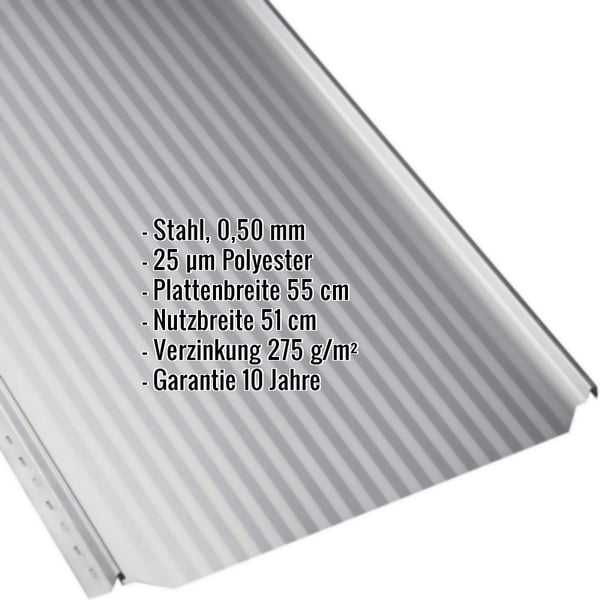Stehfalzblech PD-510-S Mikro Lichtgrau, Detailansicht mit eingeblendeten Eckdaten zu Material und Beschichtung
