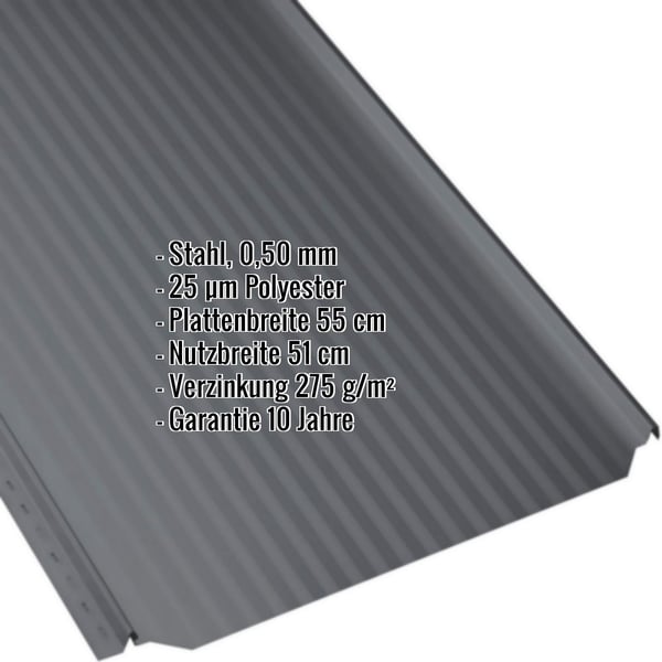 Stehfalzblech PD-510-S Mikro Anthrazitgrau, Stahl 0,50 mm, mit eingeblendeten Produktdaten