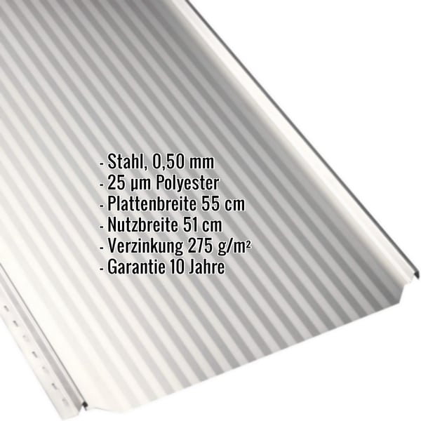Stehfalzblech PD-510-S Mikro in Reinweiß, Detailansicht mit eingeblendeten Eckdaten zu Material und Beschichtung