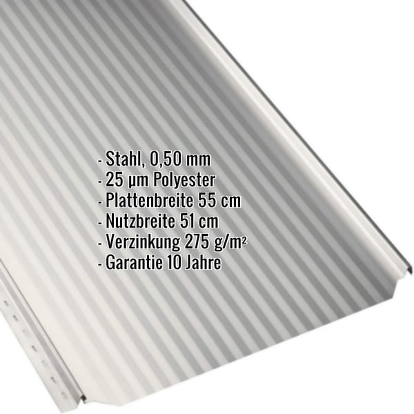 Stehfalzblech PD-510-S Mikro, Grauweiß RAL 9002, 0,50 mm Stahl, mit eingeblendeten Eckdaten