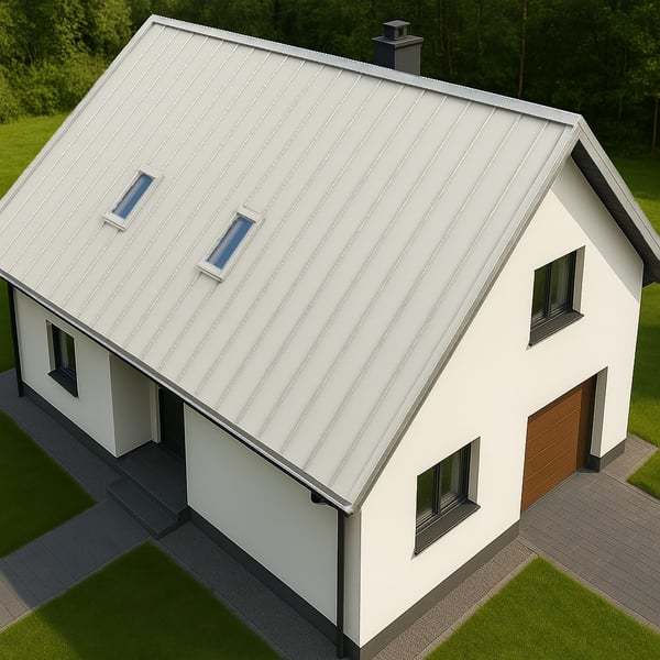 Stehfalzblech PD-510-S Mikro, Grauweiß RAL 9002, auf einem Einfamilienhaus von oben