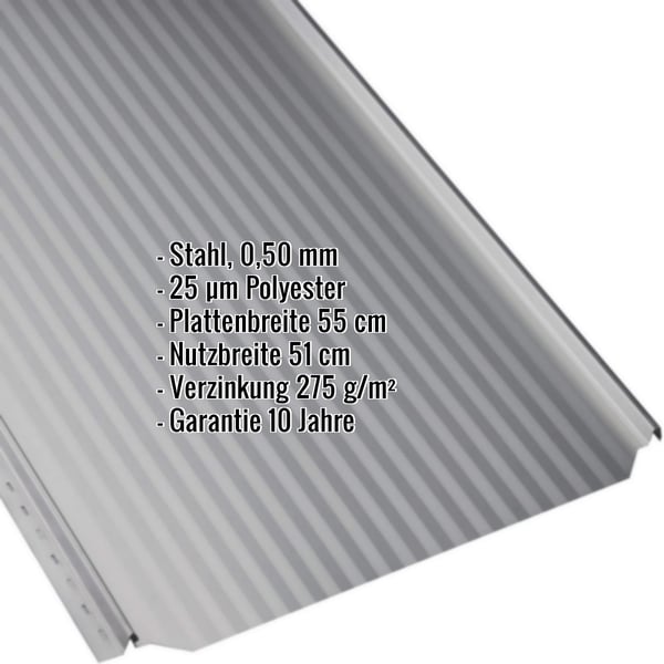 Stehfalzblech PD-510-S Mikro Weißaluminium, Stahl 0,50 mm, mit eingeblendeten technischen Daten