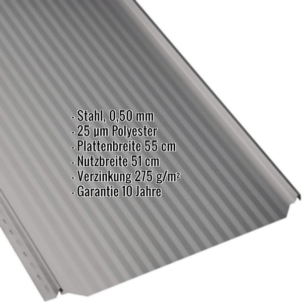 Stehfalzblech PD-510-S Mikro Graualuminium, Stahl 0,50 mm, mit eingeblendeten Eckdaten