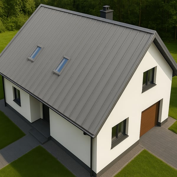 Stehfalzblech PD-510-S Mikro Graualuminium auf einem Einfamilienhausdach mit zwei Dachfenstern