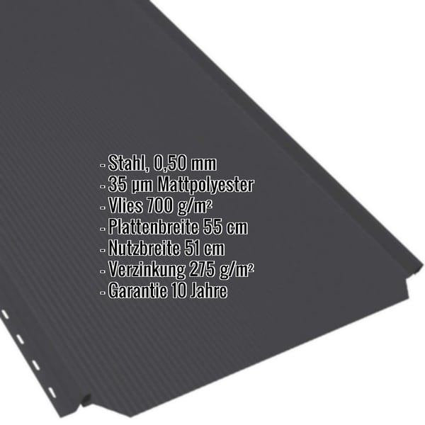 Stehfalzblech PD-510-S Tiefschwarz, 0,50 mm Stahl, mit eingeblendeten Eckdaten