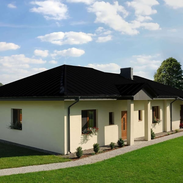 Einfamilienhaus mit Dach aus Stehfalzblech PD-510-S Tiefschwarz, 0,50 mm Stahl