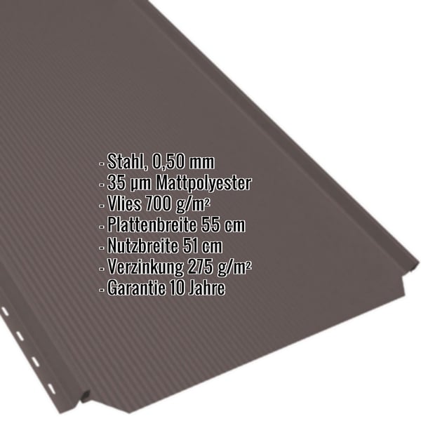 Stehfalzblech PD-510-S schokoladenbraun, 0,50 mm Stahl, Infografik mit Eckdaten