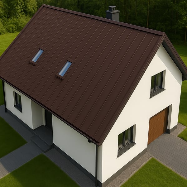 Stehfalzblech PD-510-S schokoladenbraun auf einem Einfamilienhaus, Draufsicht
