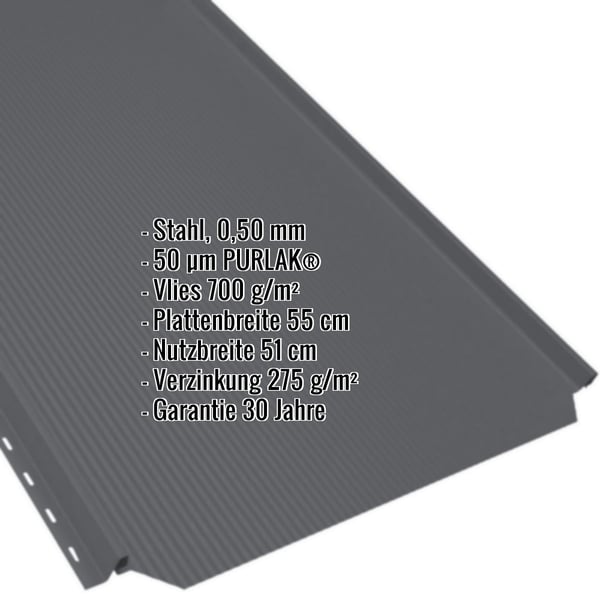 Stehfalzblech PD-510-S Anthrazitgrau, 0,50 mm Stahl, PURLAK® Beschichtung, Vlies 700 g/m², Eckdaten eingeblendet