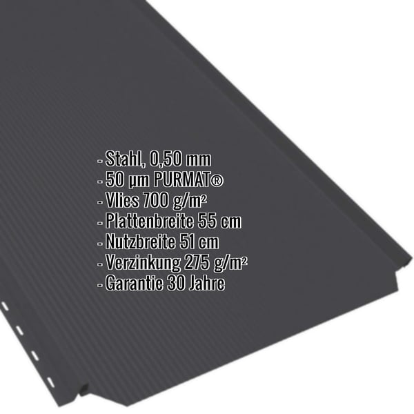 Stehfalzblech PD-510-S Tiefschwarz RAL 9005 mit eingeblendeten Eckdaten zu Material, Staerke und Beschichtung