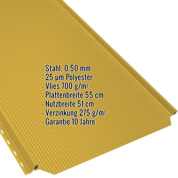 Stehfalzblech PD-510-S Rapsgelb (RAL 1021) mit eingeblendeten Eckdaten zu Material, Beschichtung und Massen