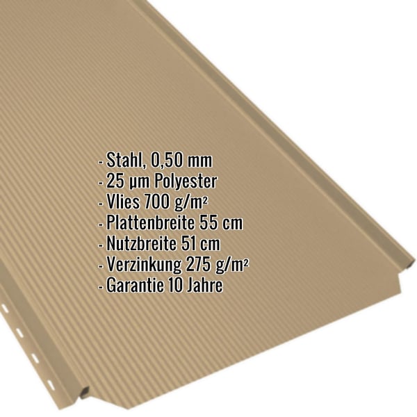 Stehfalzblech PD-510-S Sandgelb, Detailansicht mit eingeblendeten Eckdaten zu Material, Staerke und Beschichtung