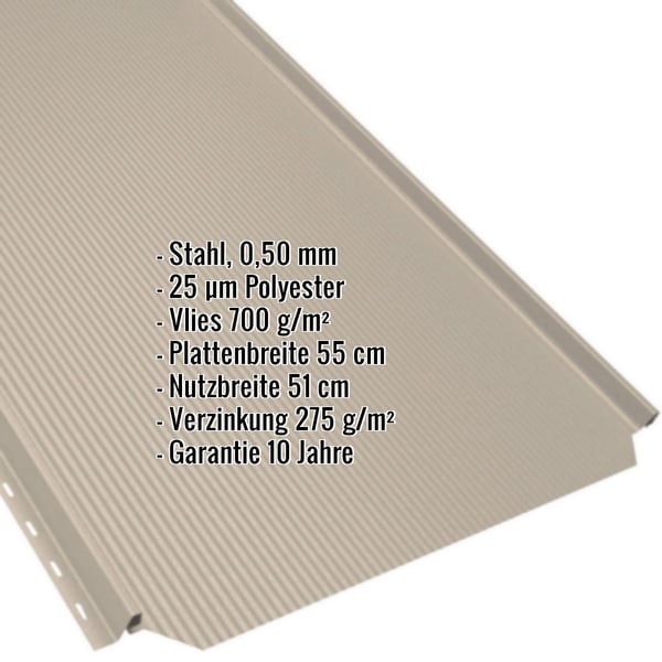 Stehfalzblech PD-510-S Hellelfenbein mit eingeblendeten Eckdaten zu Material, Staerke und Beschichtung