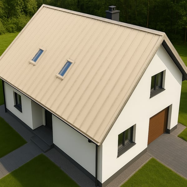 Stehfalzblech PD-510-S Hellelfenbein auf einem Einfamilienhaus mit Garage und zwei Dachfenstern