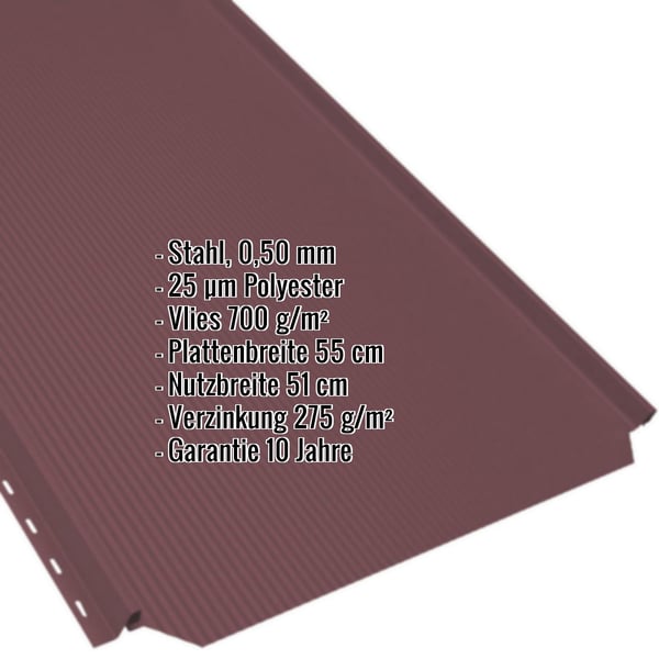 Stehfalzblech PD-510-S weinrot, Stahl 0,50 mm, Polyester 25 µm, Vlies 700 g/m², Eckdaten eingeblendet