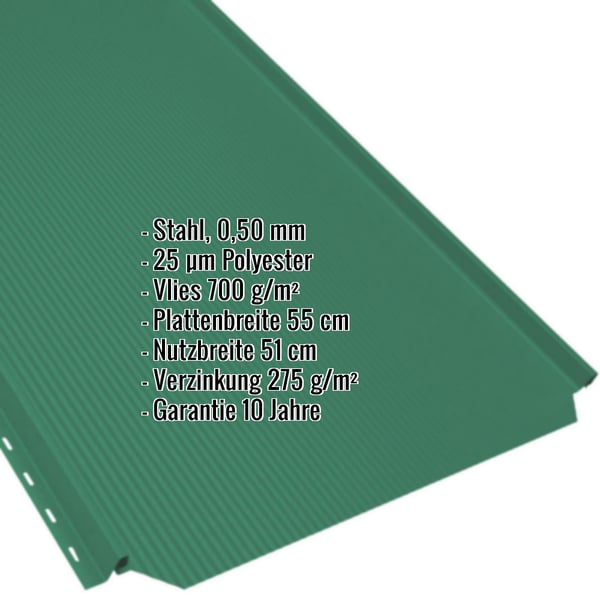 Stehfalzblech PD-510-S Minzgrün (RAL 6029) mit eingeblendeten Eckdaten zu Material, Stärke, Beschichtung und Maßen