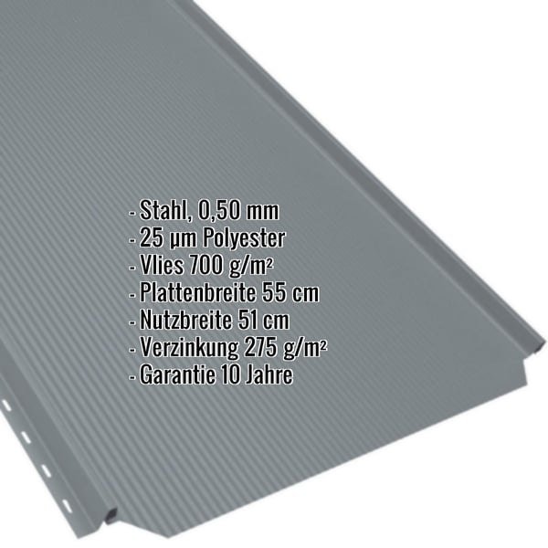 Stehfalzblech PD-510-S Fehgrau mit eingeblendeten Eckdaten zu Material, Beschichtung und Massen
