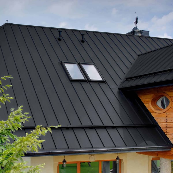 Dachflaeche aus Stehfalzblech PD-510-S Graphitgrau, mit zwei Dachfenstern und Holzfassade