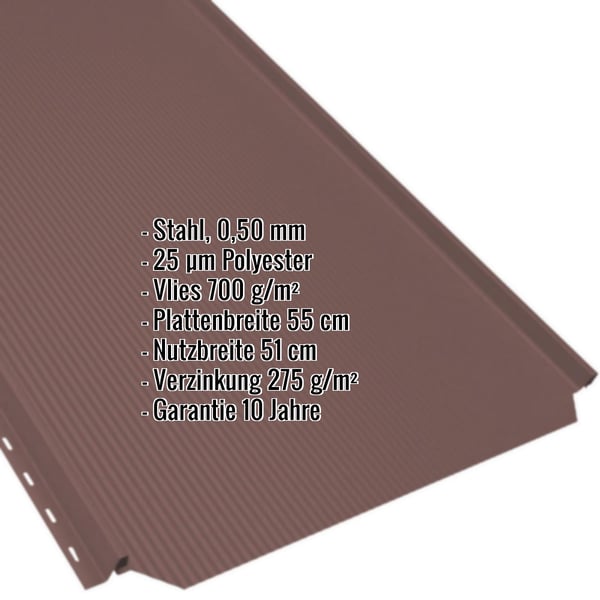 Stehfalzblech PD-510-S in Rotbraun RAL 8012 mit eingeblendeten Eckdaten zu Material, Stärke und Beschichtung